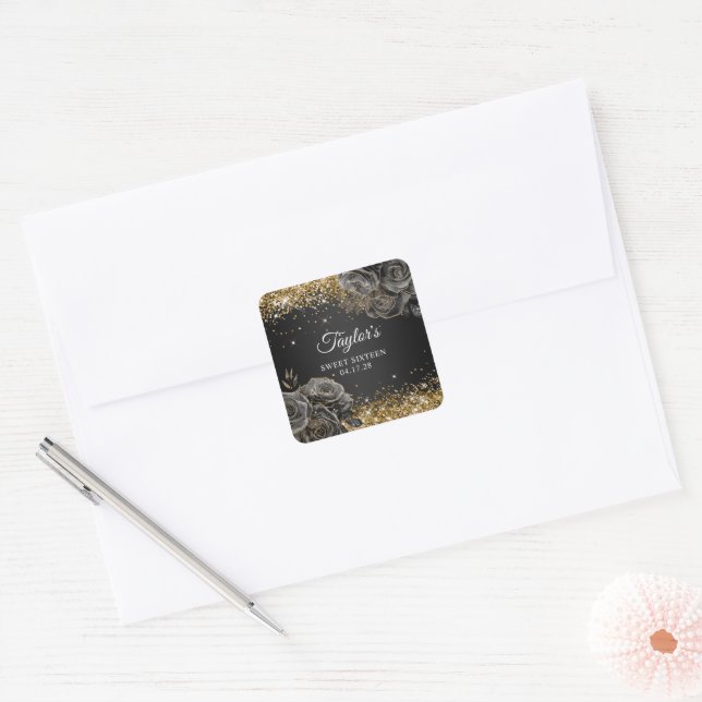 Black Floral Glam Gold Glitter Sweet Sixteen Square Sticker (Envelope)