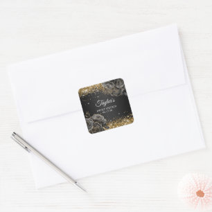 Black Floral Glam Gold Glitter Sweet Sixteen Square Sticker