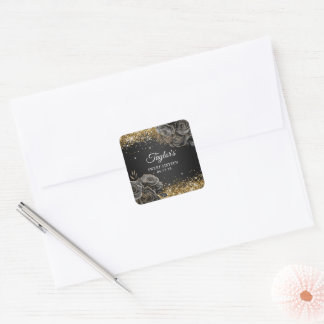 Black Floral Glam Gold Glitter Sweet Sixteen Square Sticker
