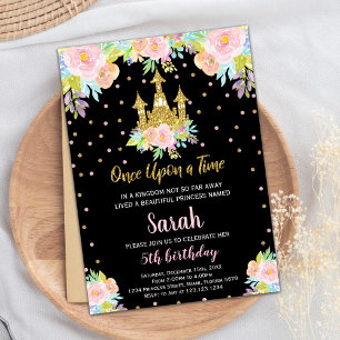 Black Floral Glitter Princess Birthday Invitation