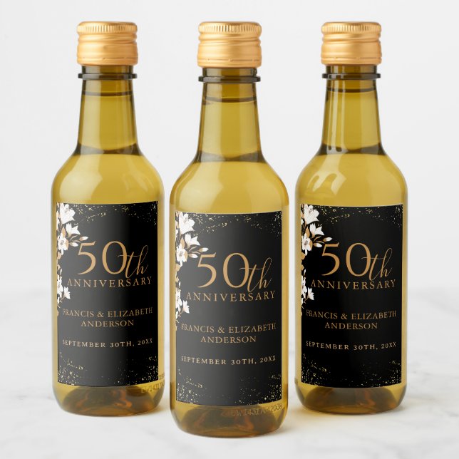 Black Floral Gold 50th Wedding Anniversary Wine Label (Bottles)