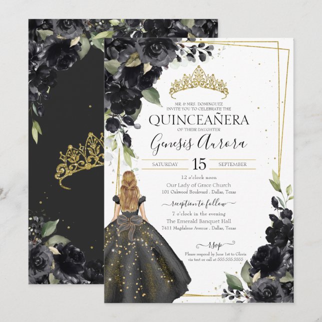 Black Floral Gold Accent Elegant Quinceanera Invitation (Front/Back)