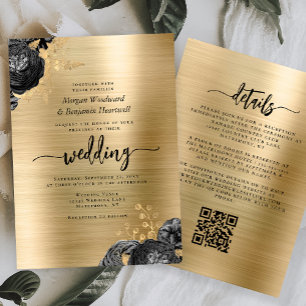 Black Floral Gold Brushed Metal QR Code Wedding Invitation