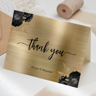 Black Floral Gold Brushed Metal Wedding Thank You Card
