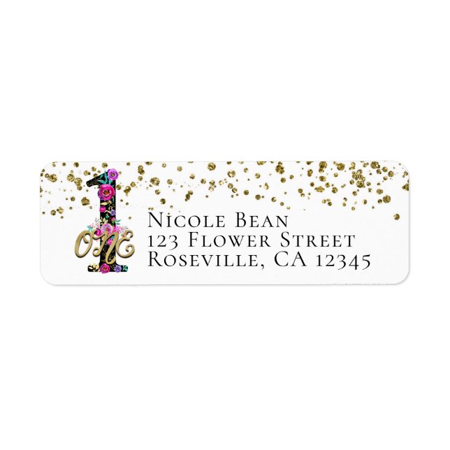 Black Floral Gold Glitter ONE 1 1st Birthday Party (Front)