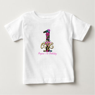 Black Floral Gold Glitter ONE 1 1st Birthday Party Baby T-Shirt