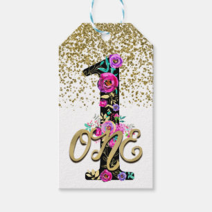 Black Floral Gold Glitter ONE 1 1st Birthday Party Gift Tags