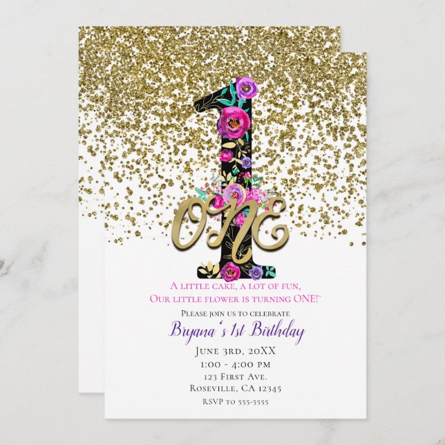 Black Floral Gold Glitter ONE 1 1st Birthday Party Invitation (Front/Back)
