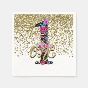 Black Floral Gold Glitter ONE 1 1st Birthday Party Napkin
