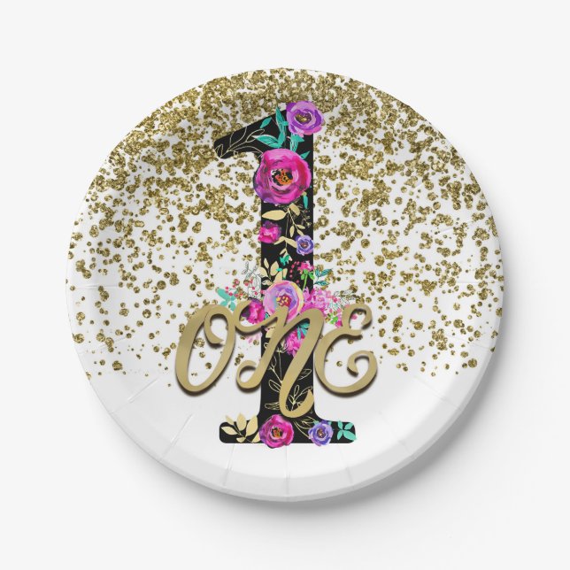 Black Floral Gold Glitter ONE 1 1st Birthday Party Paper Plate (Front)