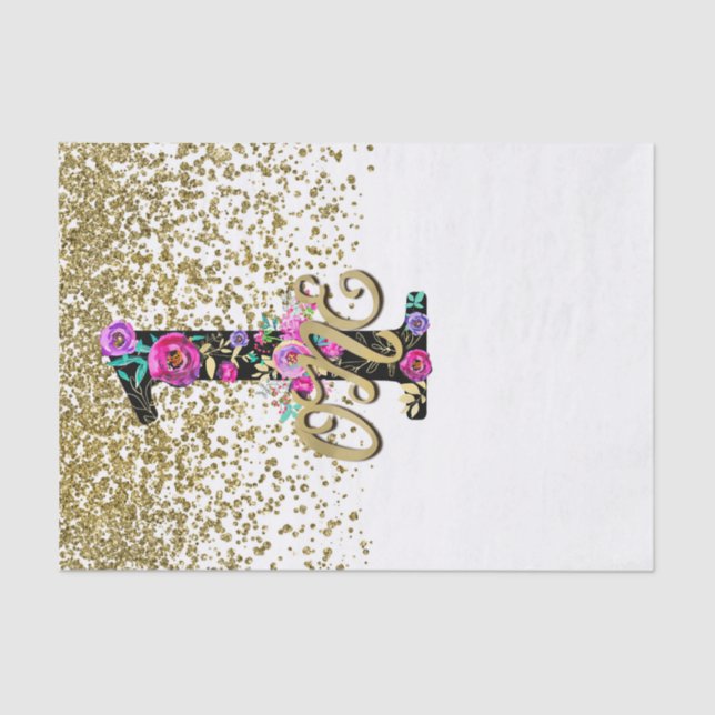 Black Floral Gold Glitter ONE 1 1st Birthday Party Tissue Paper (Front)