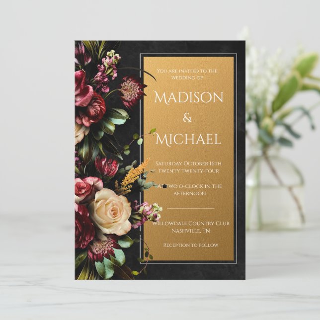 Black Floral Gold Modern Wedding Invitation (Standing Front)