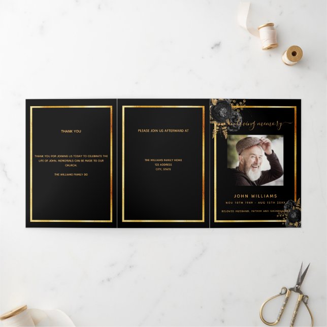Black floral gold photo tri-fold funeral program (Outside)