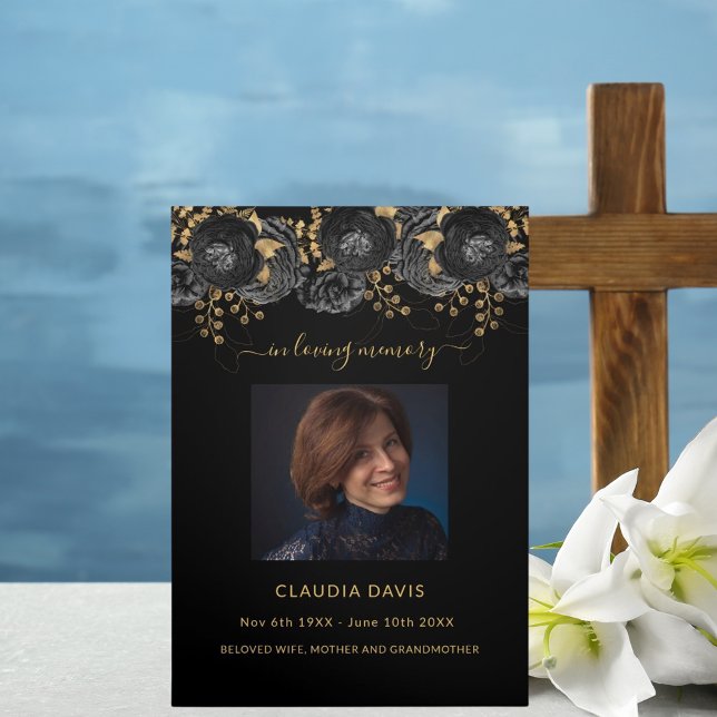 Black floral gold photo tri-fold funeral program announcement (Creator Uploaded)