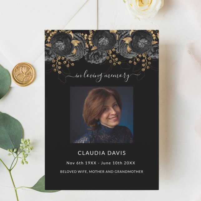 Black floral gold photo tri-fold funeral program announcement (Creator Uploaded)