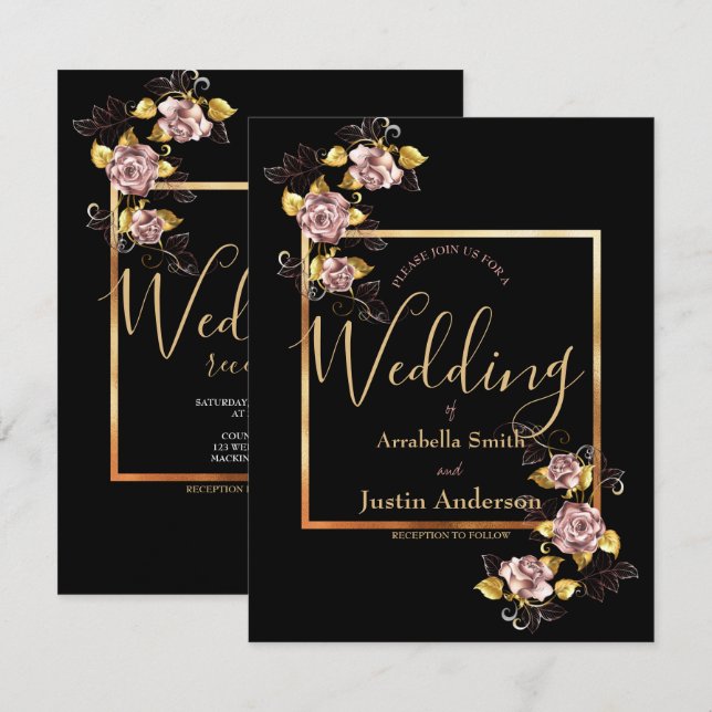 Black Floral Gold Script Elegant Wedding   Invitation (Front/Back)