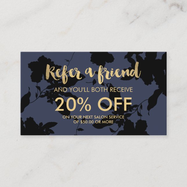 Black Floral Gold Text Blue Salon Referral Card (Front)