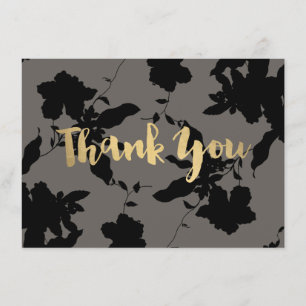 Black Floral Gold Text Grey Thank You Card