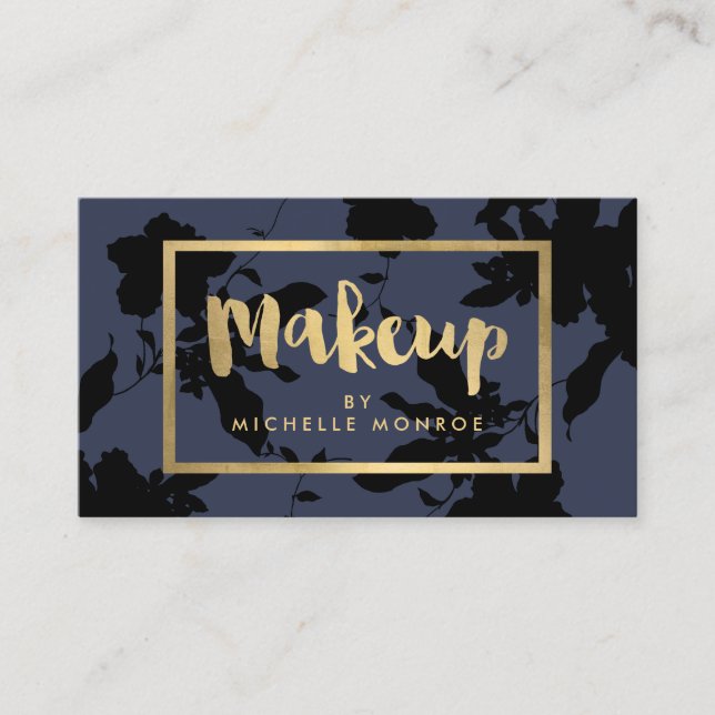 Black Floral Gold Text Makeup Artist Blue Business Card (Front)
