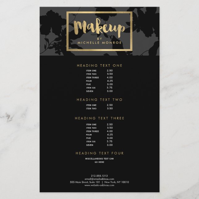 Black Floral Gold Text Makeup Artist Flyer (Front)