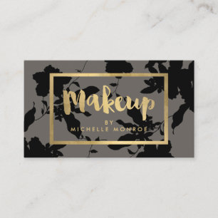 Black Floral Gold Text Makeup Artist Grey Business Card