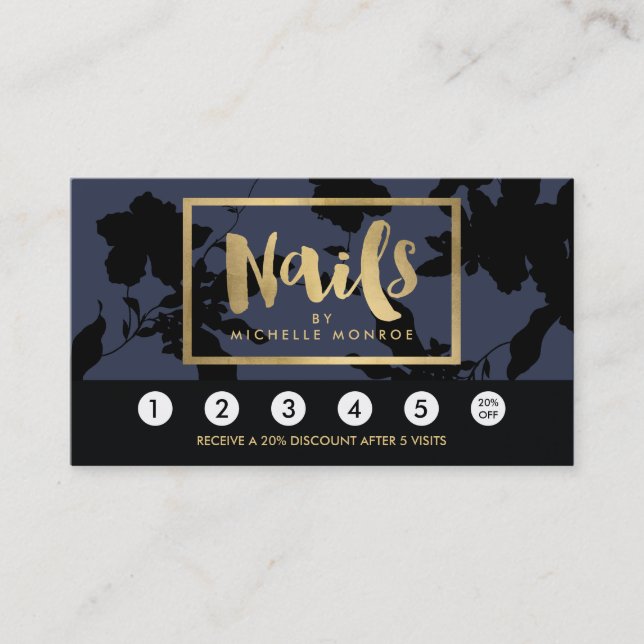 Black Floral Gold Text Nail Salon Blue Loyalty (Front)