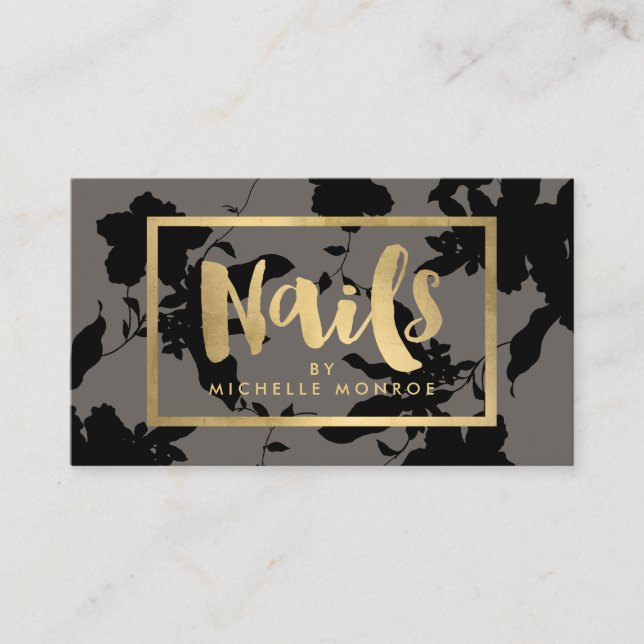 Black Floral Gold Text Nail Salon Grey Business Card (Front)