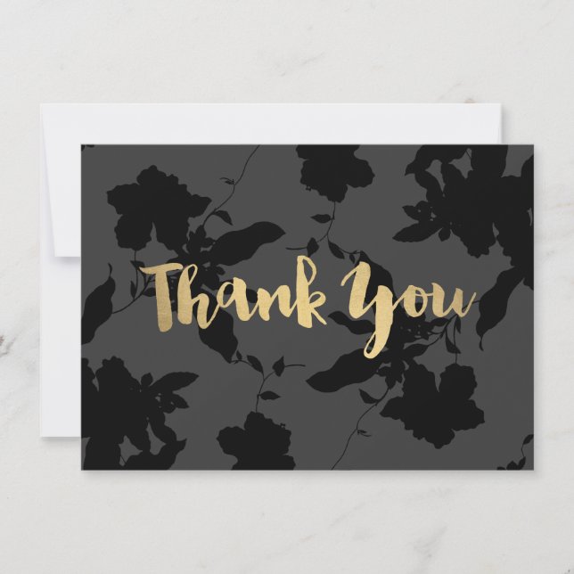 Black Floral Gold Text Thank You Card (Front)