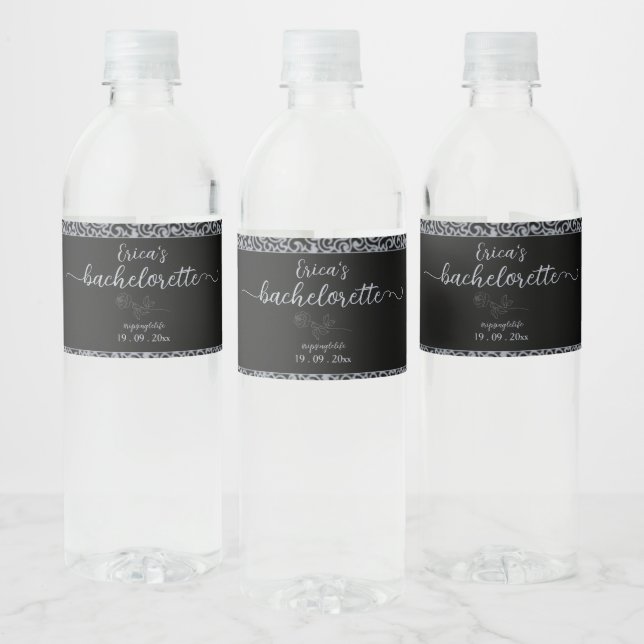 Black Floral Gothic Bachelorette Party Water Bottle Label (Bottles)