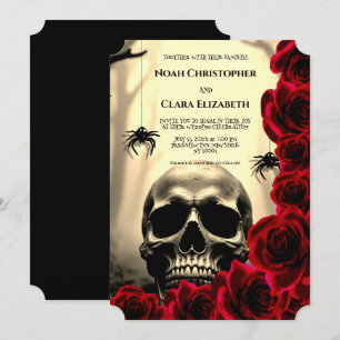 Black Floral Gothic Skull Halloween red roses wedd Invitation