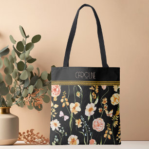 Black Floral Grace Trendy Stylish Cute Tote Bag