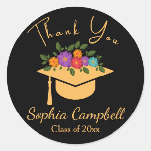 Black Floral Graduation Classic Round Sticker