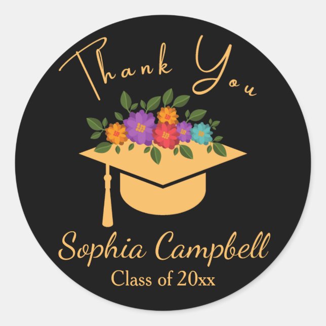 Black Floral Graduation Classic Round Sticker (Front)