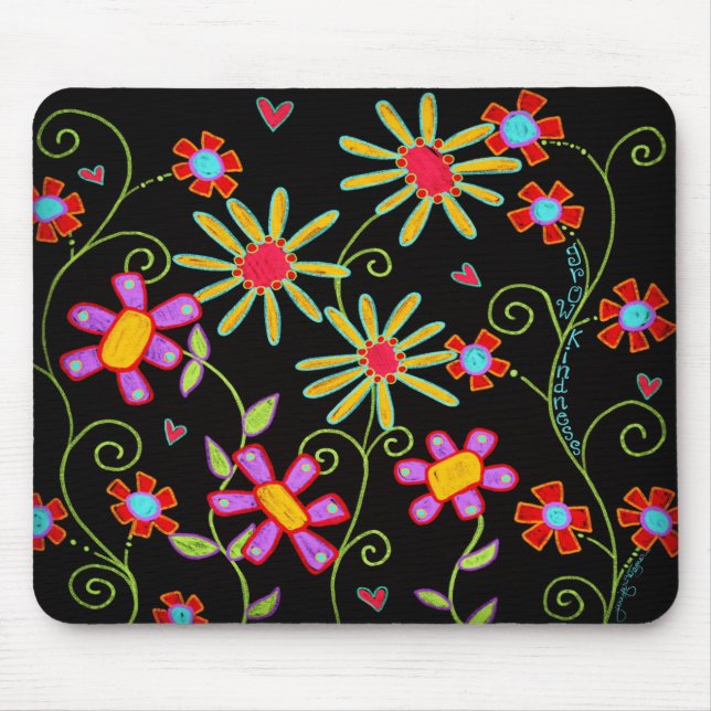 Black Floral Grow Kindness Fun Mouse Mat (Front)
