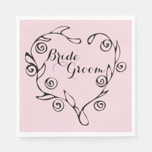 Black Floral Heart Bride And Groom Napkins