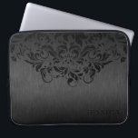 Black Floral Lace grey Metallic Background Laptop Sleeve<br><div class="desc">Black brushed aluminium texture print with black floral lace.  Custom and optional monogram.</div>