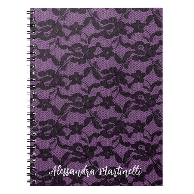 Black Floral Lace on Purple Bride's Maid Gift Notebook (Front)