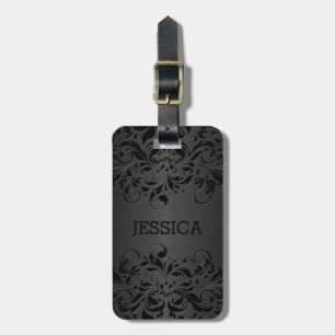 Black Floral Lace Over Grey Background Luggage Tag