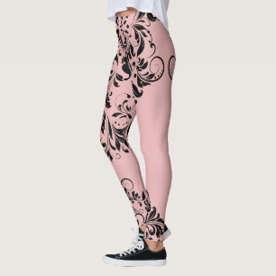 Black Floral Lace Pink Background Leggings