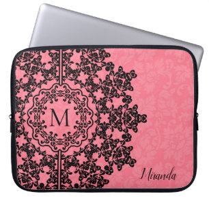 Black Floral Lace Pink Damask Monogrammed Laptop Sleeve