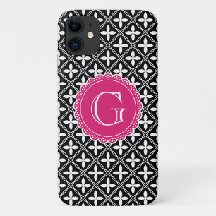 Black Floral Lattice Pattern Hot Pink Monogram iPhone 11 Case