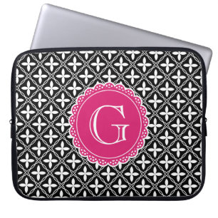 Black Floral Lattice Pattern Hot Pink Monogram Laptop Sleeve
