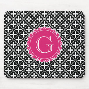 Black Floral Lattice Pattern Hot Pink Monogram Mouse Mat