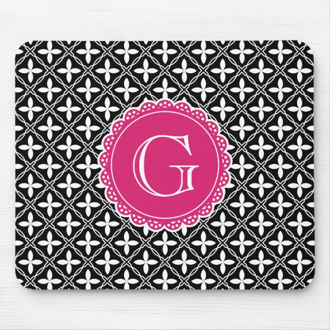Black Floral Lattice Pattern Hot Pink Monogram Mouse Mat (Front)
