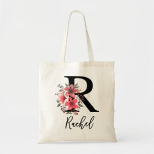 Black Floral Letter R Monogram with custom Name Tote Bag