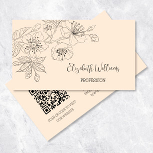 Black Floral Line Art Botanical QR-Code Business Card
