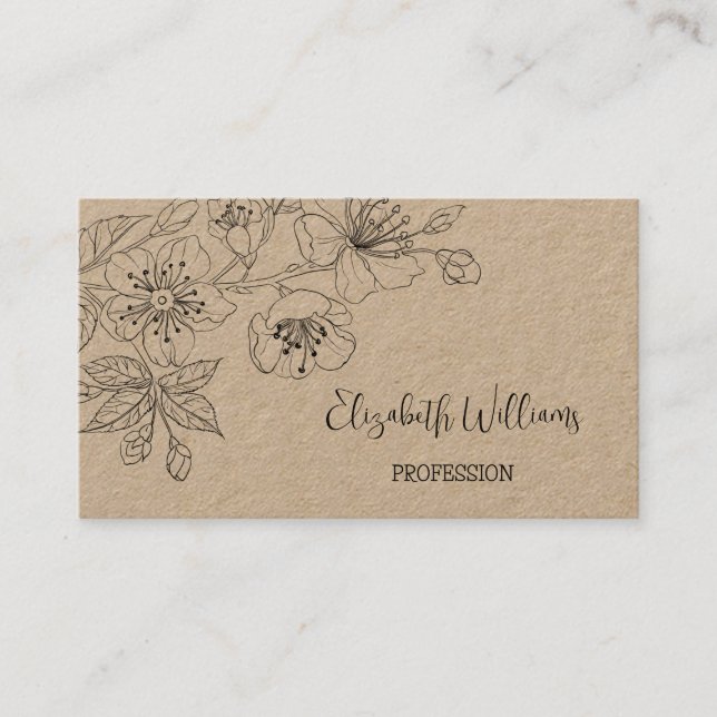 Black Floral Line Art Botanical QR-Code Business Card (Front)