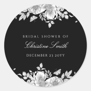 Black Floral Line Art Bridal Shower Classic Round Sticker