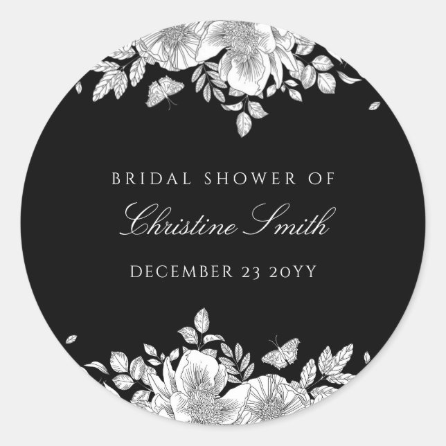 Black Floral Line Art Bridal Shower Classic Round Sticker (Front)