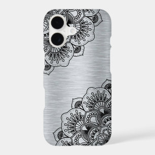 Black floral mandala on silver brushed aluminium